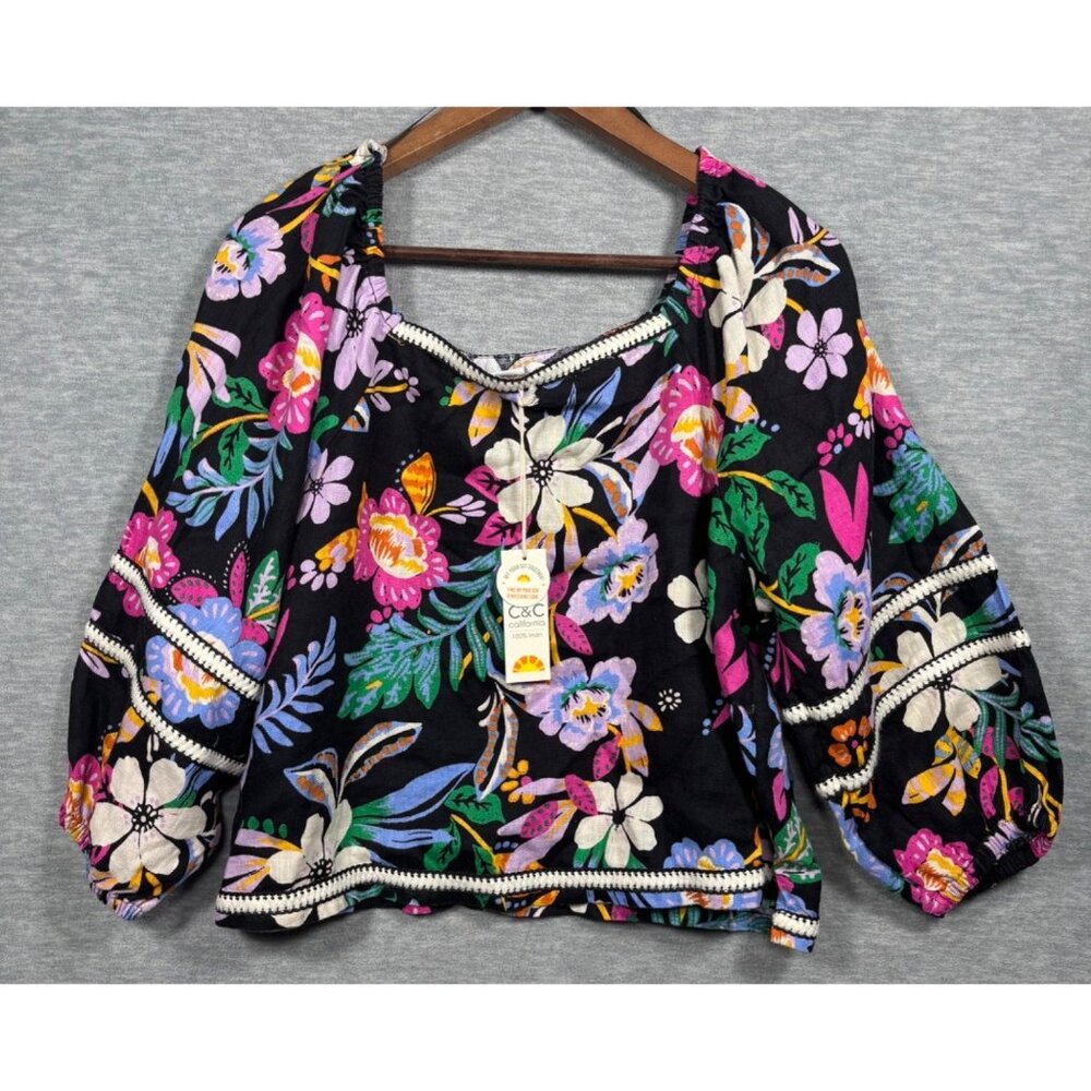 C&C California Womens Top S Floral Black 100% Linen Blouse‎